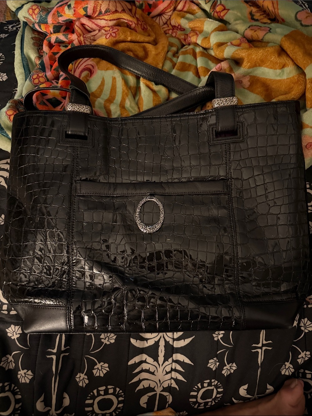 Brighton Black Croc-Embossed Tote with Silver Hardware